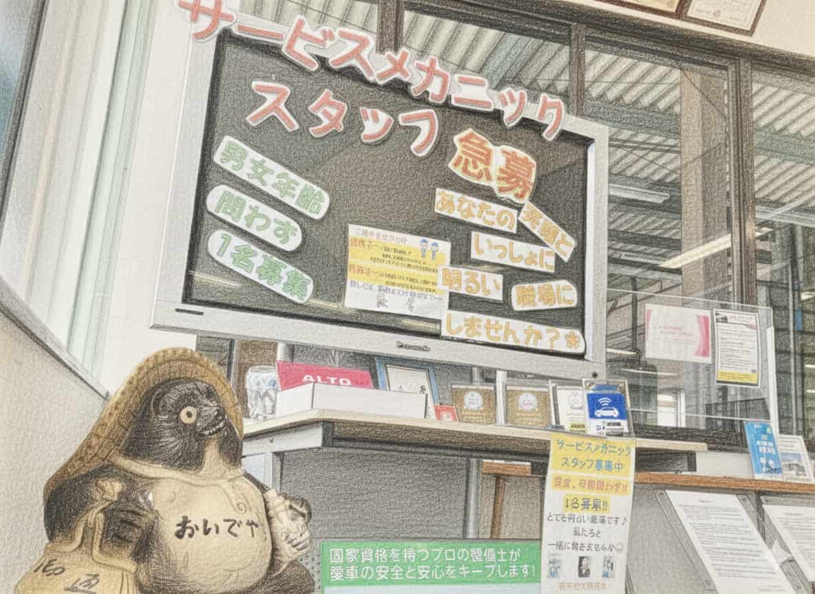 小杉自工の店舗内にあるスタッフ募集ボードのイラスト