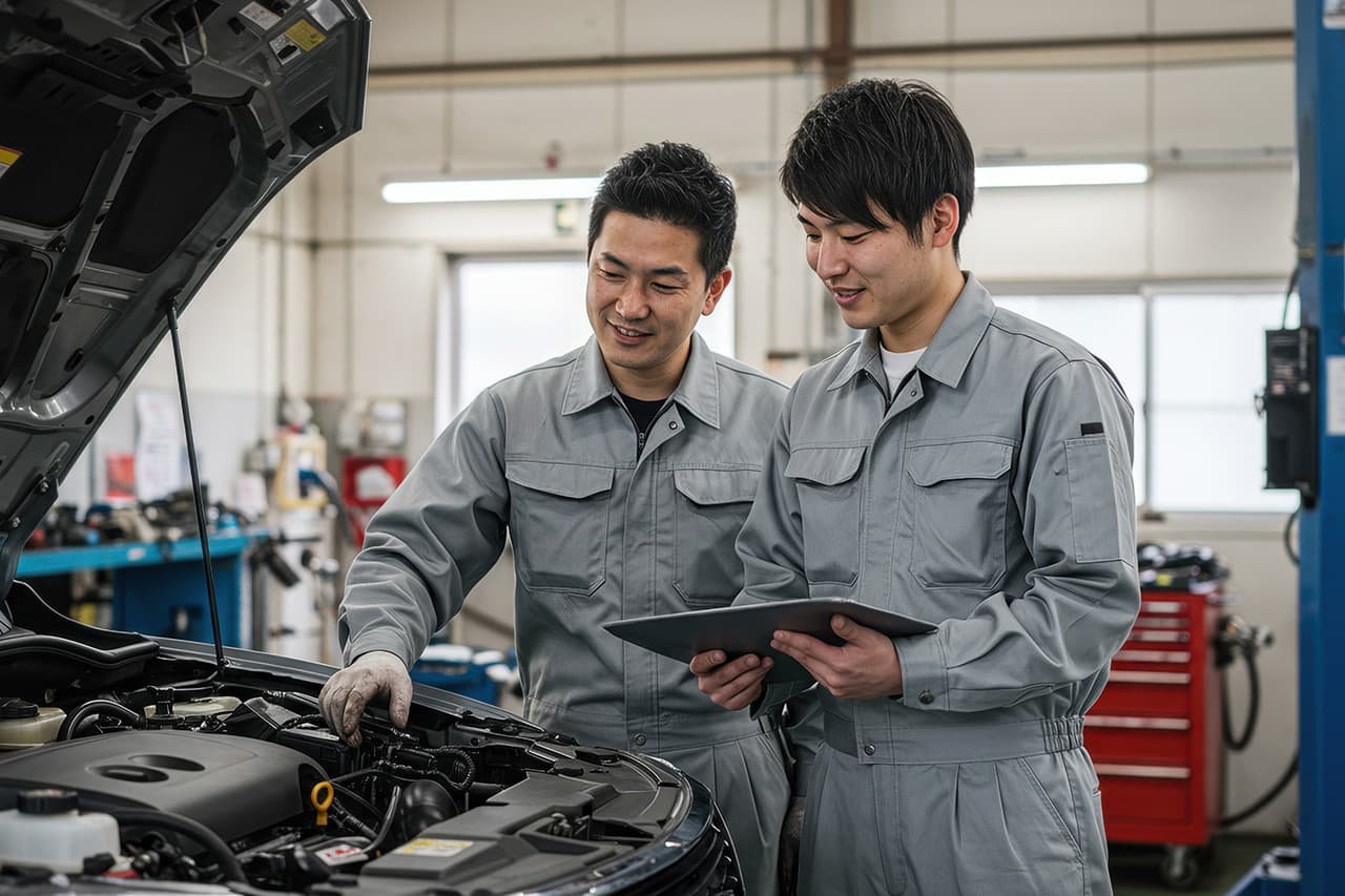 車のフロントで確認をしている男性整備士２名